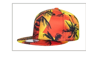 Detail of the vibrant tropical sunset digital print with palm trees on the snapback crown