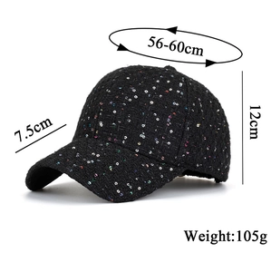 Detail view of black sequin baseball cap with size specs 56-60cm circumference