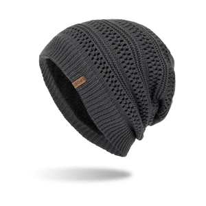 Men Winter Warm Knit Beanie Fleece Lined Thick Skull Cap Solid Color Hollow Out Design With Sport Leather Tag Outdoor Hat