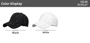 Detail view of tweed baseball caps with colorful sequins in black and white colors