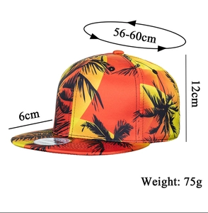 Detail showing tropical palm print snapback hat dimensions and size specifications