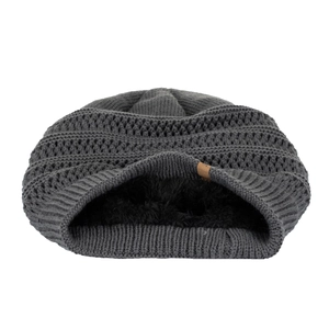 Thick dark gray knit beanie with warm fleece lining and a brown leather detail
