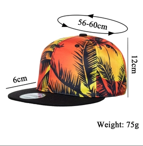 Flat brim baseball cap sizing diagram showing crown height and tropical palm tree print