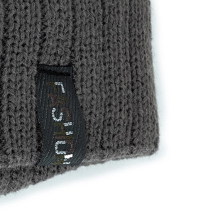 Fashionable dark grey knit beanie featuring vertical letter label for winter warmth
