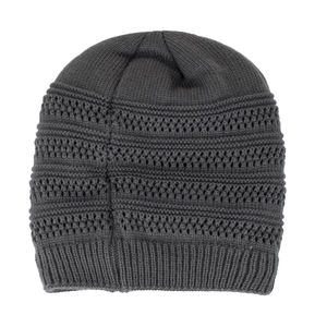 Thick knit beanie hat for men in dark grey with hollow mesh texture and ribbed edge