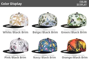 Flat brim baseball caps with six unique tropical floral and palm leaf digital prints