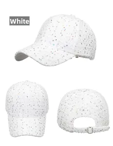 Detailed view of white tweed baseball cap with colorful sequins and adjustable metal buckle