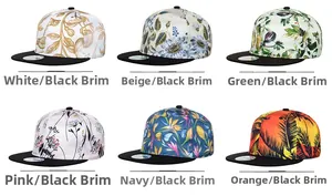 Detailed grid showing six unique tropical and floral prints on snapback baseball caps