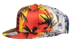 Multiple snapback hats with tropical palm tree and floral prints in side stacked view