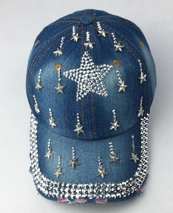 Deep blue denim baseball cap with silver rhinestone stars and distressed ripped details