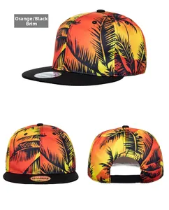 Multiple views of an orange sunset tropical palm print snapback hat with black brim