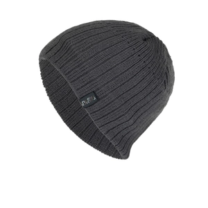 Dark grey knitted beanie with vertical stripes and a gold FASHION patch for autumn and winter