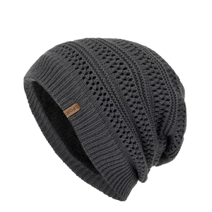 Men's dark gray thick knitted beanie hat with warm fleece lining and sport leather tag
