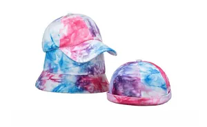 Detailed display of three tie-dye hat styles: baseball cap, bucket hat, and docker brimless cap