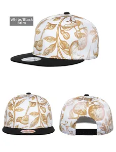 Detail view of snapback hat with floral print crown, black flat brim and adjustable back