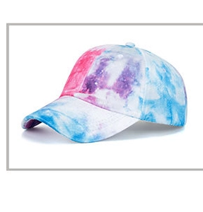 Detailed side view of the retro tie-dye docker hat in pink, purple, and blue hues