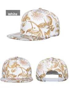 Three-way view of white snapback hat with gold tropical plant prints and adjustable strap