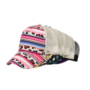 Women's mesh ponytail baseball cap with leopard and floral prints in vibrant patterns
