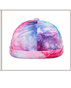 Detailed view of pink and blue tie-dye docker hat with rolled edge on white background