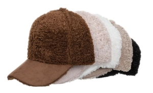 Detail view of five colors of teddy fleece baseball caps with suede brims in winter palette