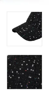 Detailed close-up of black tweed baseball cap with colorful sequins and textured fabric