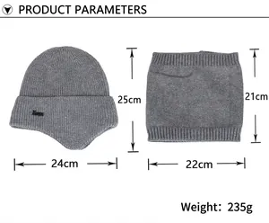 Thick winter knitted beanie hat and neck warmer set in charcoal grey for thermal protection