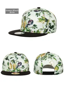 Detailed views of snapback hat with green botanical print, black brim and plastic strap