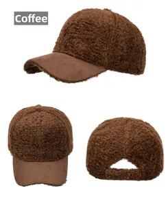 Three-view layout of a coffee brown lamb wool baseball cap with suede brim and adjustable strap