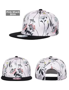 Detail views of floral print snapback hat with black brim and adjustable back strap