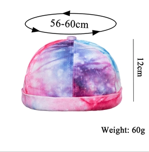 Detailed size chart of tie-dye docker hat with 56-60cm circumference and 60g weight