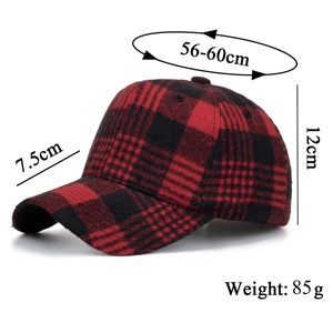 Detailed size specifications for the red and black plaid flannel baseball cap for women