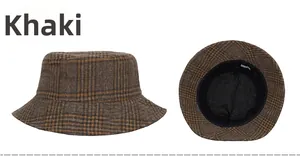 Détail de la texture en laine à carreaux kaki et de la doublure d'un chapeau cloche d'hiver