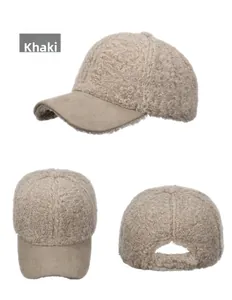 Three-angle view of a khaki lamb wool baseball cap showing front side and back detail