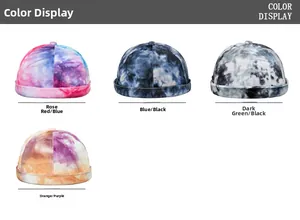 Detail showing four tie-dye brimless docker hats in various retro color patterns