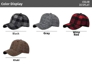 Detail view of plaid baseball caps in black, grey, burgundy, and khaki wool fabric