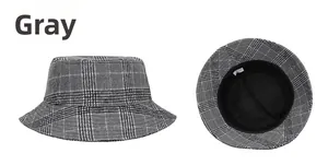 Détails du chapeau bob à carreaux gris montrant la doublure et l'étiquette de soin