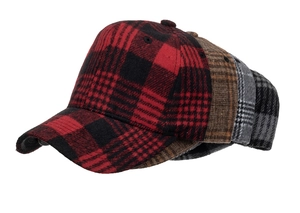 Detail showing classic red and black buffalo check plaid pattern on autumn baseball caps