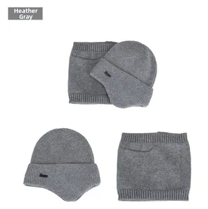 Detail of heather gray winter knit beanie with ear flaps and matching neck warmer set