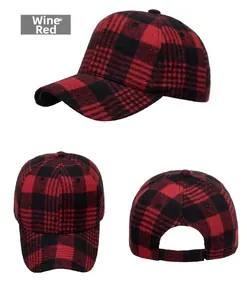 Three-way view of a burgundy red flannel plaid baseball cap with adjustable back strap