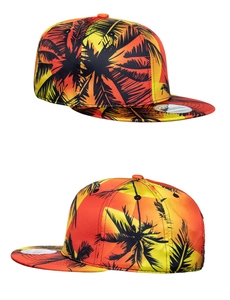 Detail of snapback hat with tropical coconut tree print and sunset gradient finish