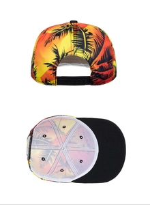 Detail view of tropical palm tree print snapback hat with adjustable plastic closure