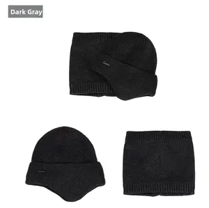 Close-up of dark gray knit hat and neck warmer showing thick ribbed texture detail