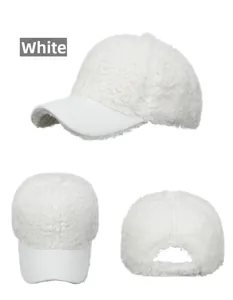 Detailed views of white lamb wool baseball cap showing texture and adjustable strap