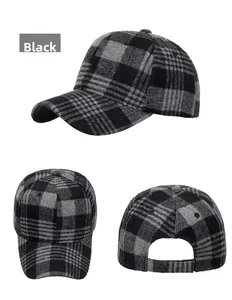 Three-angle views of grey plaid baseball cap showing side, front, and back details