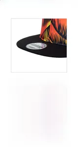 Detailed macro view of tropical palm tree print and laser snapback sticker on a flat brim cap
