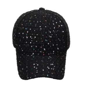 Chic black tweed baseball cap for women with colorful sequins and curved brim