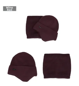Close-up of wine red ribbed knit beanie and neck warmer set with ear protection