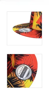 Detailed macro view of tropical palm tree digital print on flat brim snapback hat