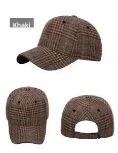 Three views showing khaki plaid pattern and adjustable strap of the baseball cap