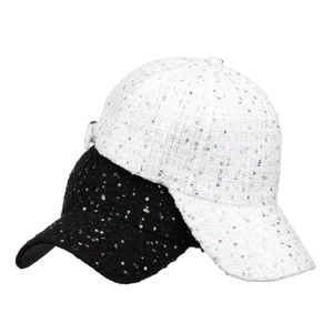 Women's tweed baseball cap with colorful sequins in black and white colors